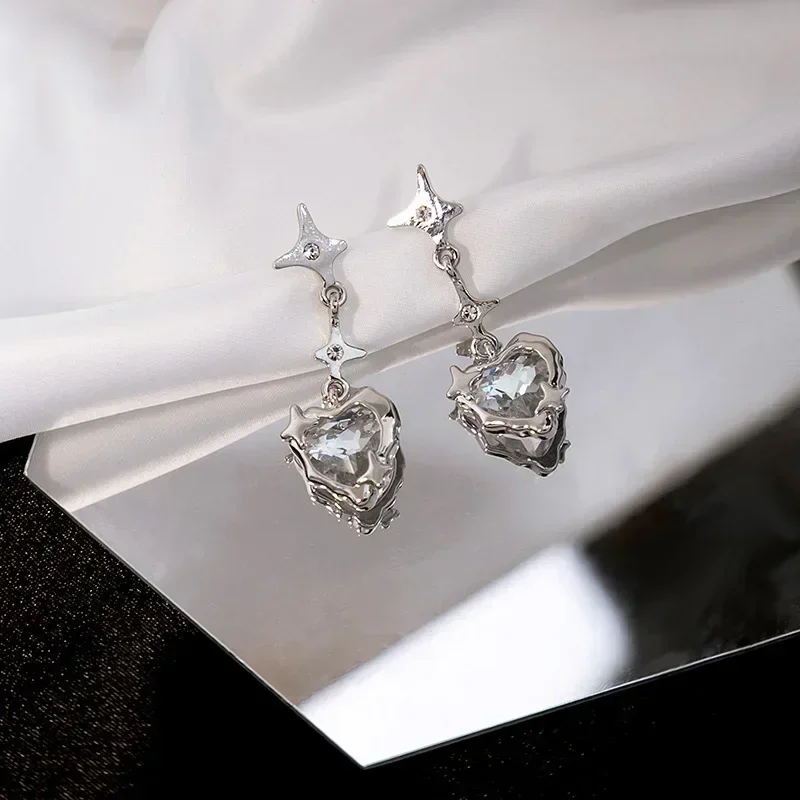 Y2K Goth Heart Cross Star Pendant Earrings Women Red Zircon Love Dangle Earring Gothic Irregular Tassel Earrings Fashion Jewelry