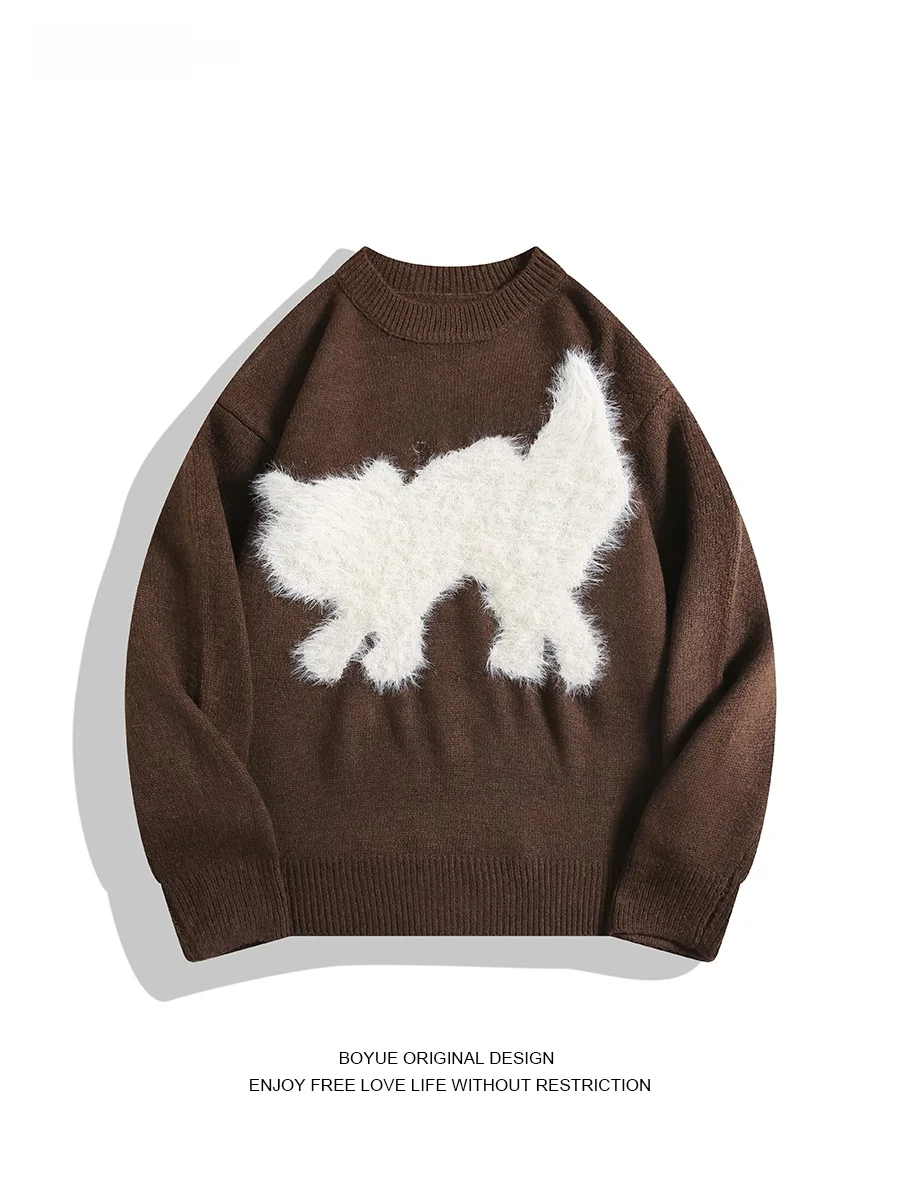 

BOYUE American Street Floed Knitwear Couple Design Vintage Cartoon BF Men Women Sweater Casual Loose Fit Polyester