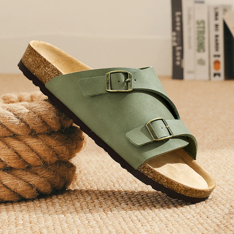Classic Double Band Cork Footbed Sandals Ergonomic Artificial Leather Slides Non-Slip Rubber Sole Beach Casual Slippers Unisex