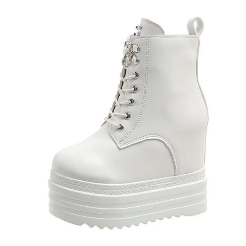 

Женские ботинки на платформе в стиле панк, 12 см, осенние, из мягкой кожи, модные, с металлическими заклепками, на шнуровке, на высоком каблуке, готические, размеры 34-42