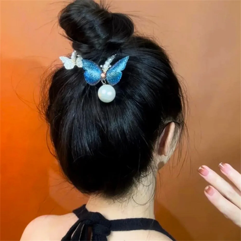 2023 Rhinestone Butterfly Hairpin Tassel Fixed Plate Hair Artifact Pearl Ponytail Hair Clip Back Head Decorative Hair Accessorie