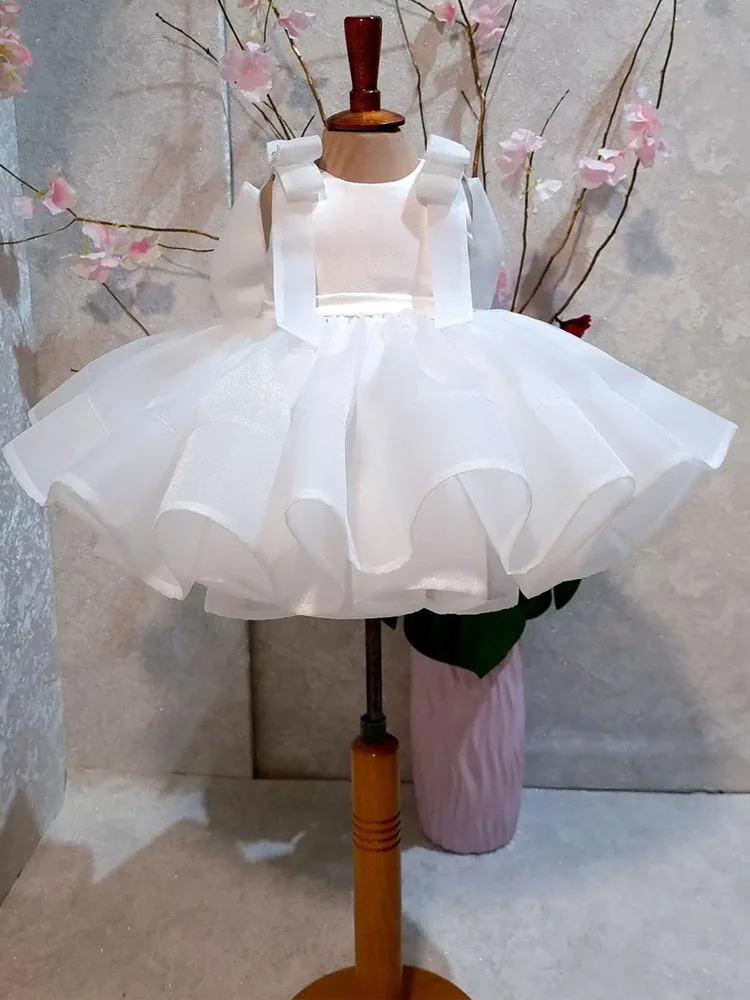 Puffy White Flower Girl Dresses Knee Length Wedding Party Dress Big bow Toddler Baby Birthday Pageant Ballet Tutu Dress