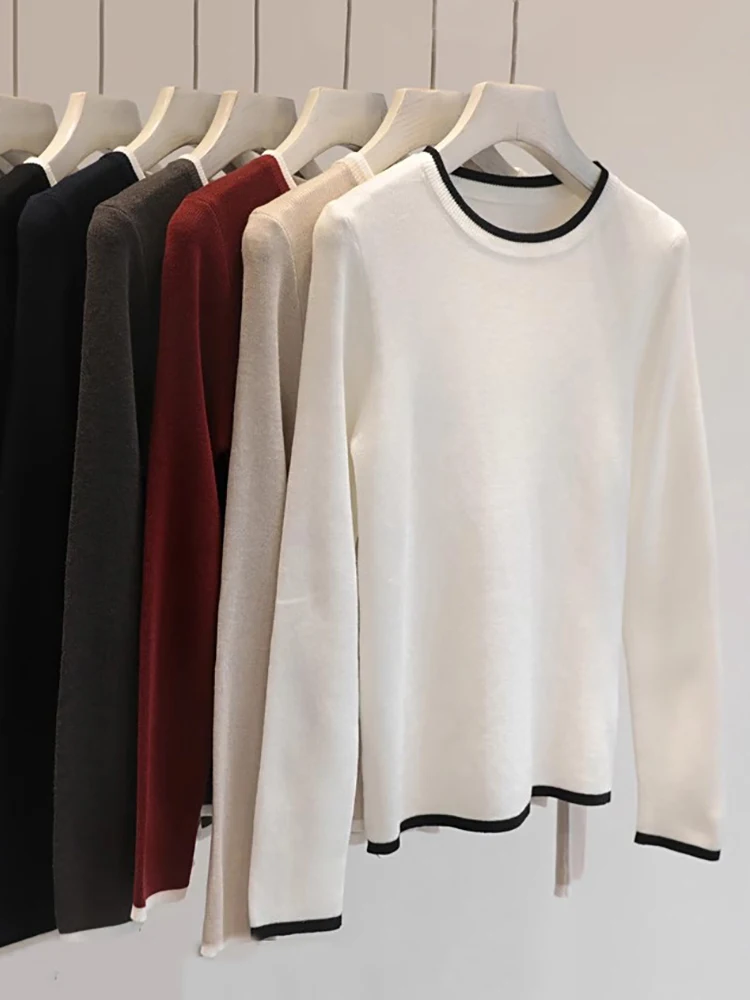 Casual Slim Women Patchwork Wool Blend Tees Autumn Winter Fashion Long Sleeve Female Pullovers Basic Tops B-061