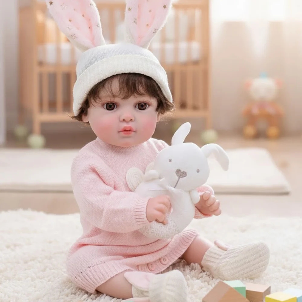 Cloveray 20-inch Reborn Doll with Rabbit Ears Full Vinyl Material Realistic Toy High-Quality Sitting And Lying Position Gift