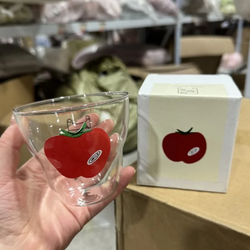 New Hello Tomato Glass Cup Niche Printed Household Water Cup Couple Lovely Coffee Cup Milk Juice Cups for Home Kitchen Daily Use