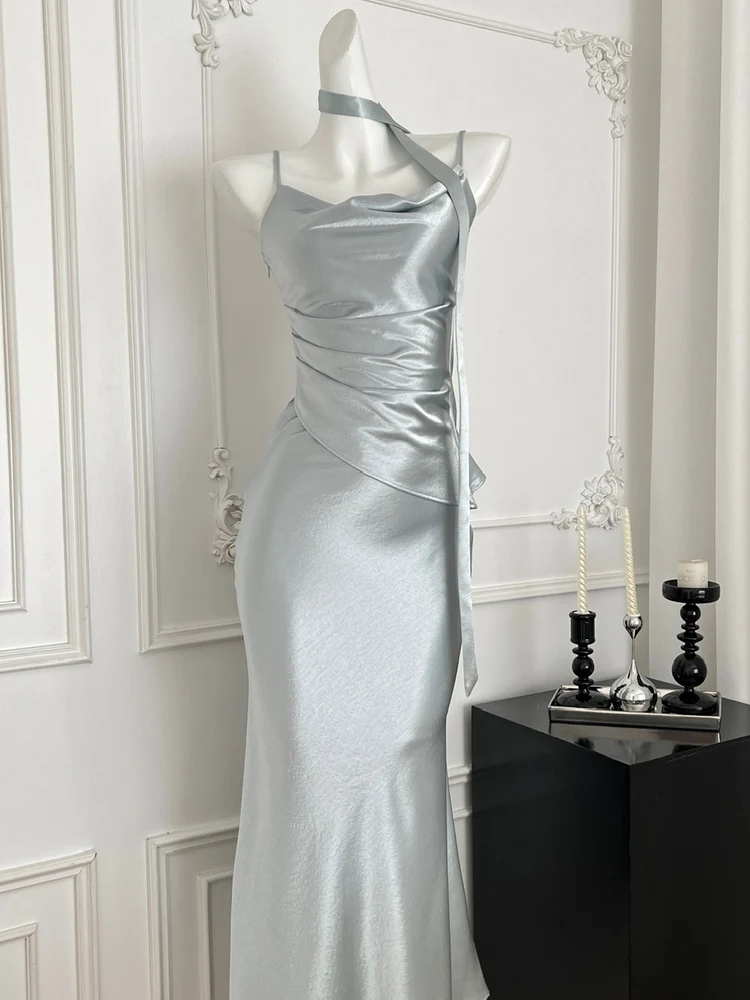 Vestido de cumpleaños de satén de seda Dr Strapl para mujer Verano Ele Sexy Rich Girl Par Dr French Sle Asimétrico...