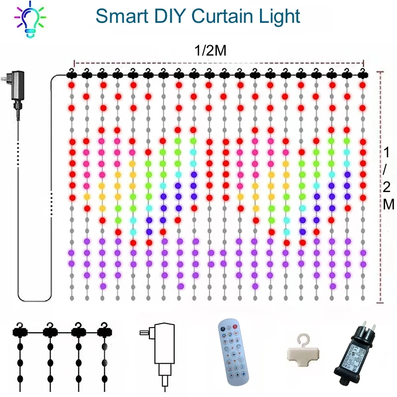 Smart Led Curtain Light Bluetooth App Music Sync DIY Display Picture Text String RGB Colorful Landscape Lighting Decorat