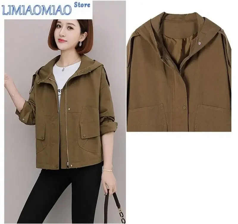 New 4XL Windbreaker Women Spring And Autumn Hooded Korean version of Loose Short Hooded Coat Silm Casual Pocket Coat Female