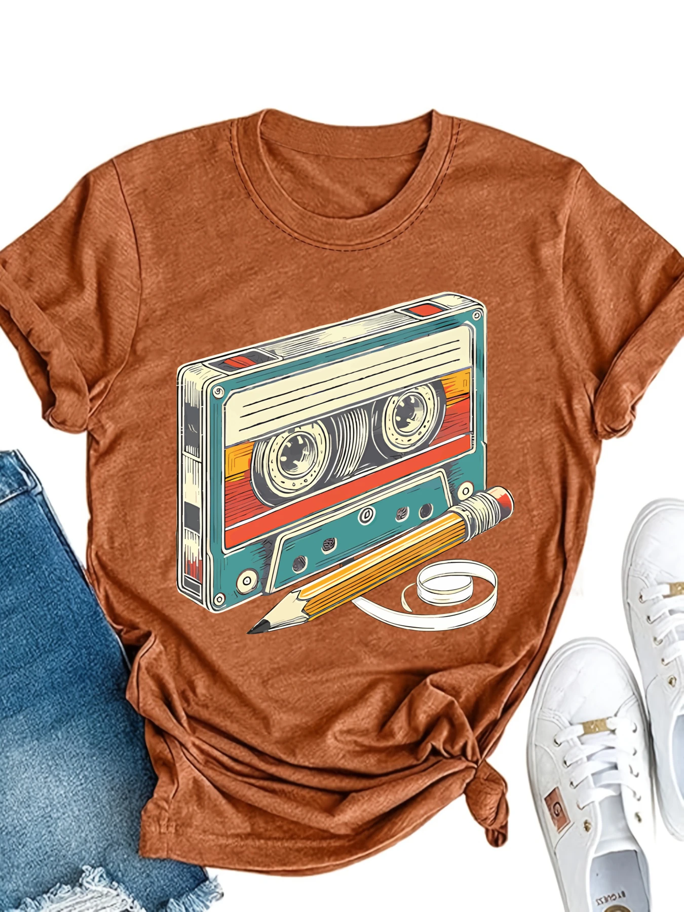 

Plus size women's short sleeve T-shirt Cassette Tape Pencil Ribbon Spring and Summer Essentials summer outfit women's clothing