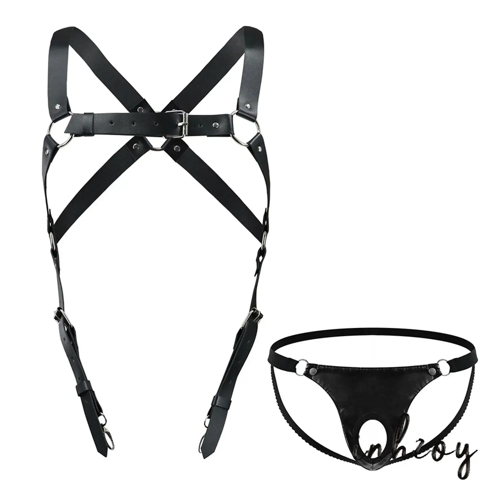 

Men Adjustable Body Chest Harness And T-back Thong 2-piece Lingerie Suit Detachable Faux Leather Body Belt with Briefs Underwear