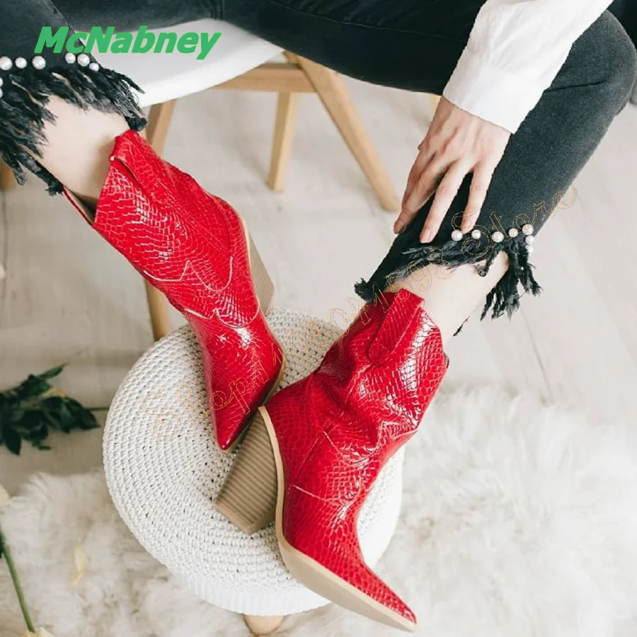 

Red Fish Scale Leather Mid Calf Boots Striped Chunky Heel Pointed Toe Women Boots Party Heel Boots 2024 New Zapatos Para Mujere