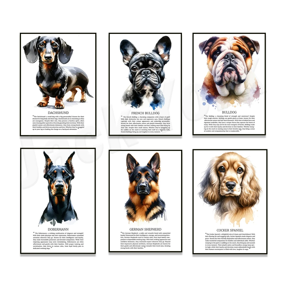 Border collie, golden retriever, doberman pinscher, dachshund, boxer, border terrier, bulldog breeds art poster, dog portrait