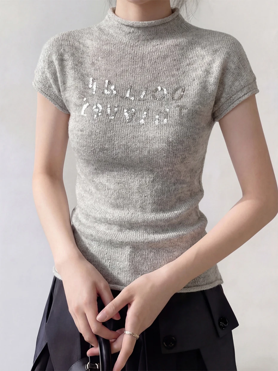 

Gray Stand Collar T-Shirt Women Summer 2026 New Unique Beautiful Knitted Ice Silk Short Sleeve Fashionable Casual Top