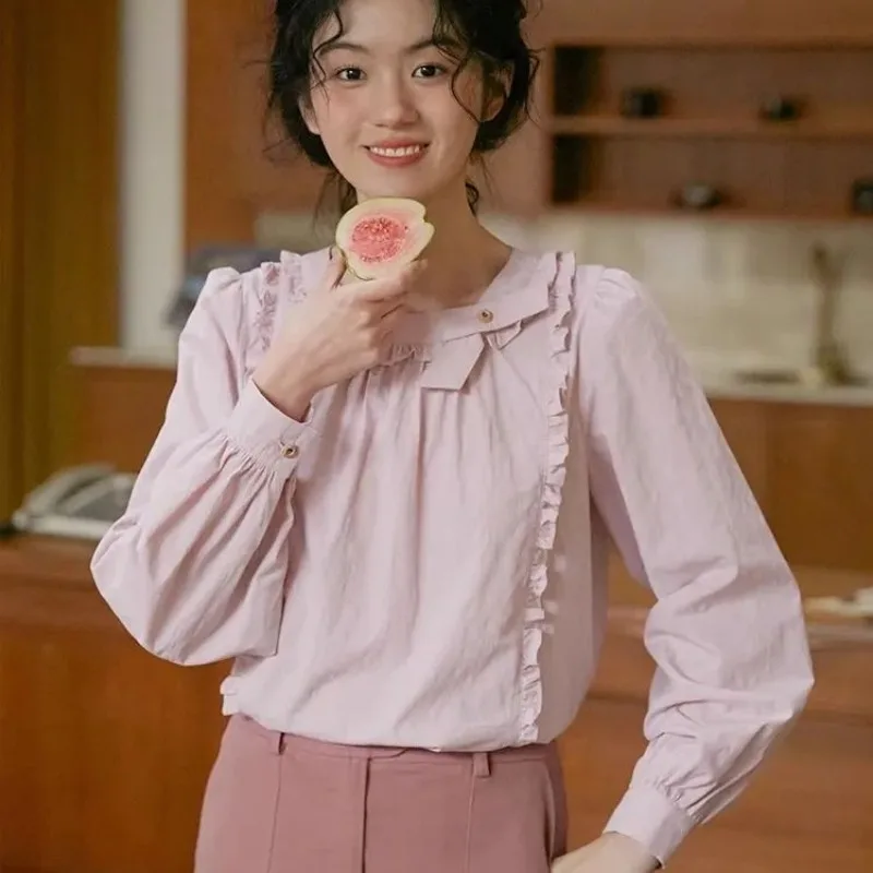 Ladies Spring Summer Simplicity Elegant Drawstring Solid Color O-neck Pullover Cotton Korean Fashion Button Shirts Long Sleeve