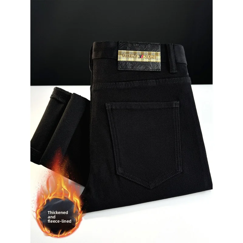 

Осенне-зимние бархатные черные джинсы для мужчин, высококачественные эластичные облегающие джинсы с защитой от выцветания, модные легкие роскошные теплые брюки