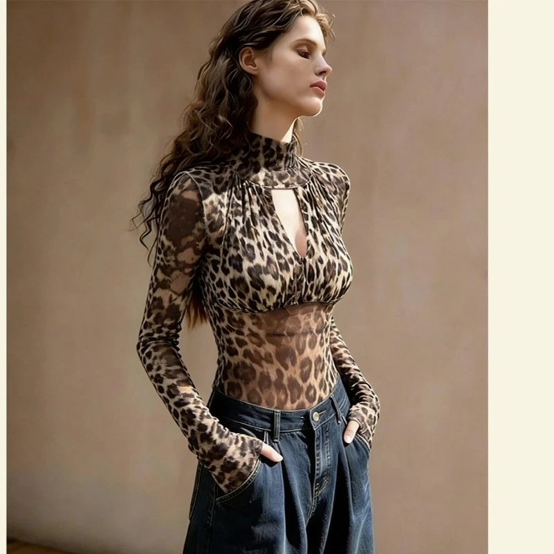 

Luxury Leopard Print Top Slim Hollow-out Long-sleeved T-shirt Design Y2K Clothes Women Streetwear Sexy Harajuku Aesthetic Tshirt