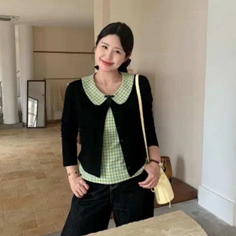 Women Fake Two Piece Plaid Peter Pan Collar Long Sleeve Top Bow Decor Slim Fit Korean Style Blouse For Curvy Ladies S4XL