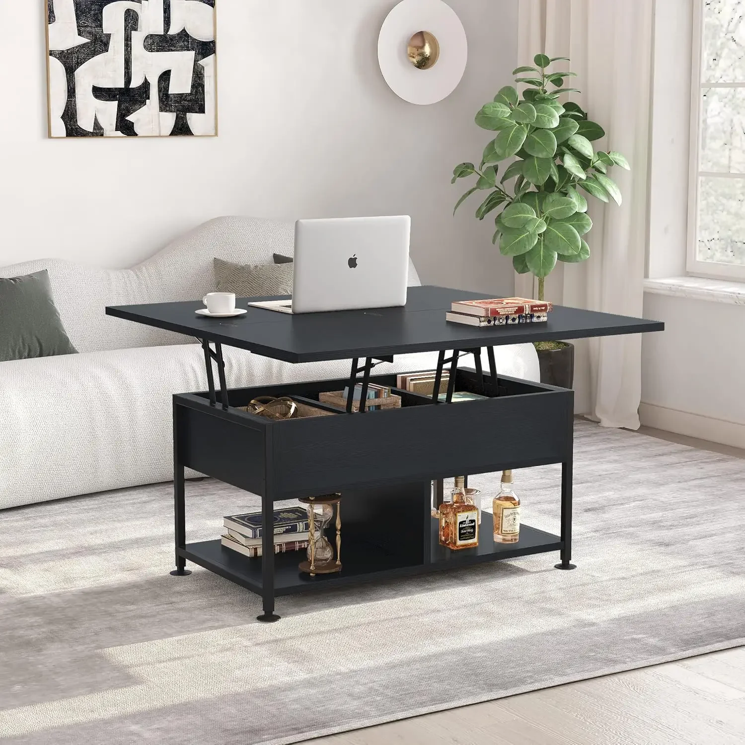 Table basse moderne multifonctionnelle avec compartiment GNE, table à manger avec élévateur, 4 en 1