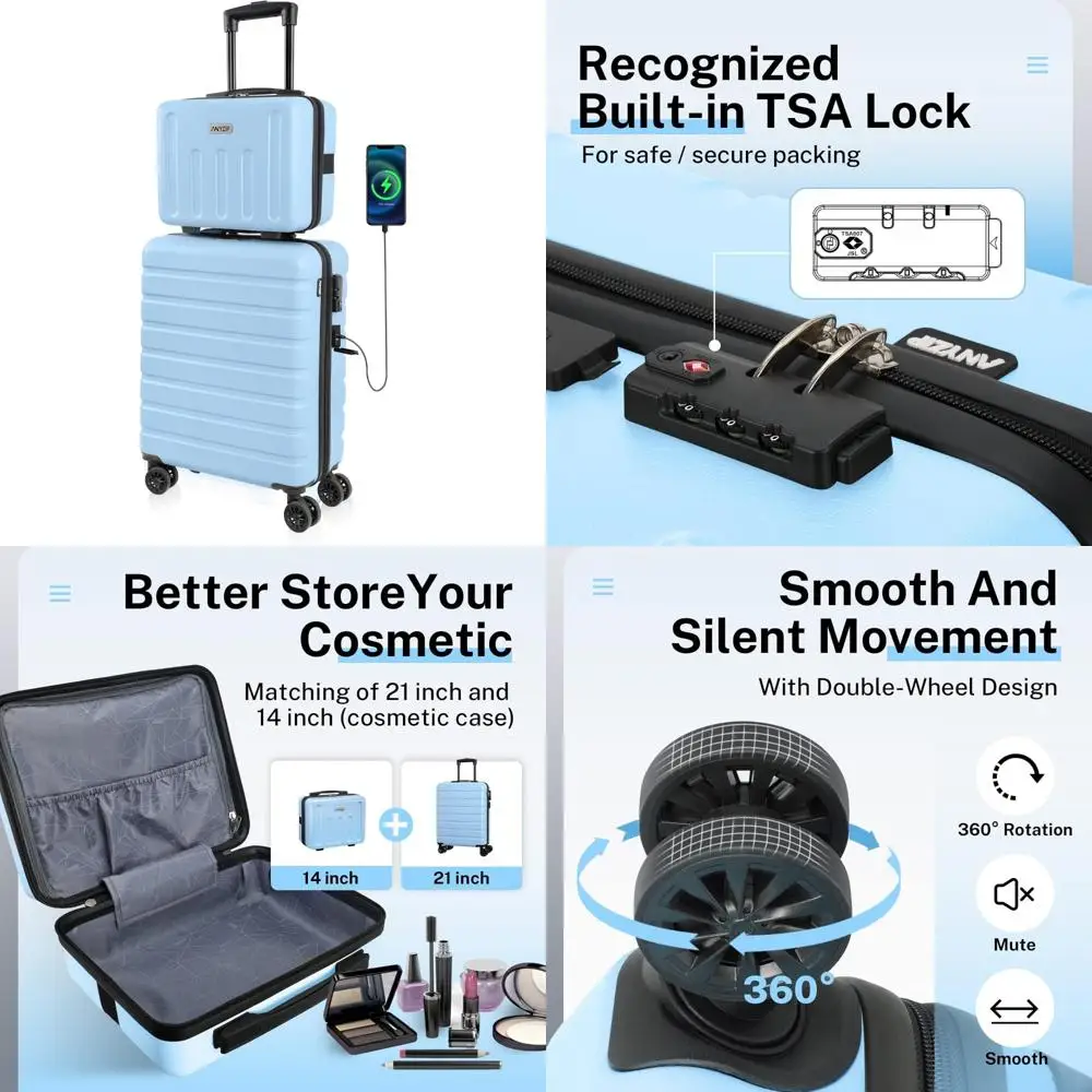 

Легкая ручная кладь из АБС-пластика с жесткой стороной, USB-портом и замком TSA, 21 чемодан и 14 мини-косметичка для путешествий