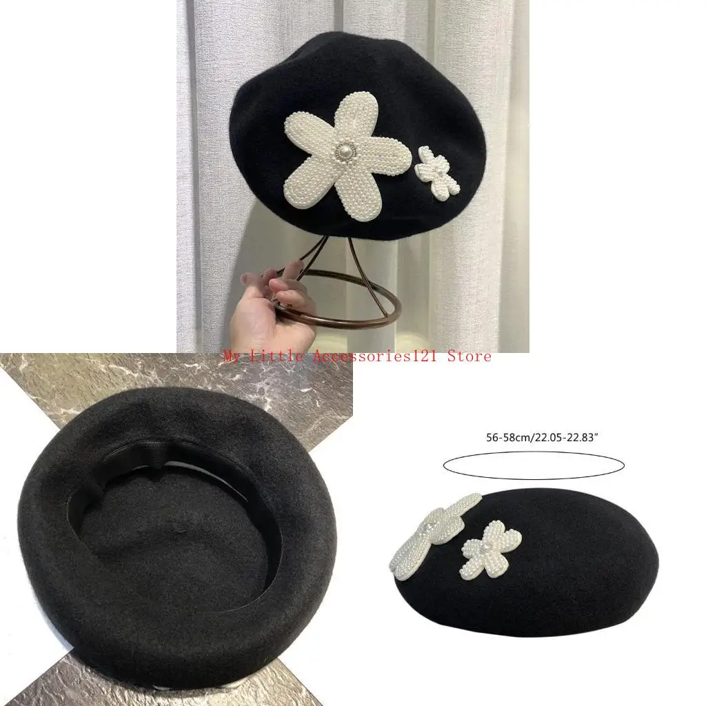 

Elegant Pearl Flower Octagonal Hat Warm Artist Hat All-match for Women