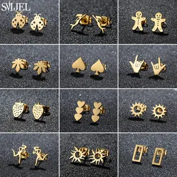 Stainless Steel Mini Stud Earrings for Women Punk Rectangle Sun Strawberry Spades Small Ear Studs Piercing Jewelry Accessory
