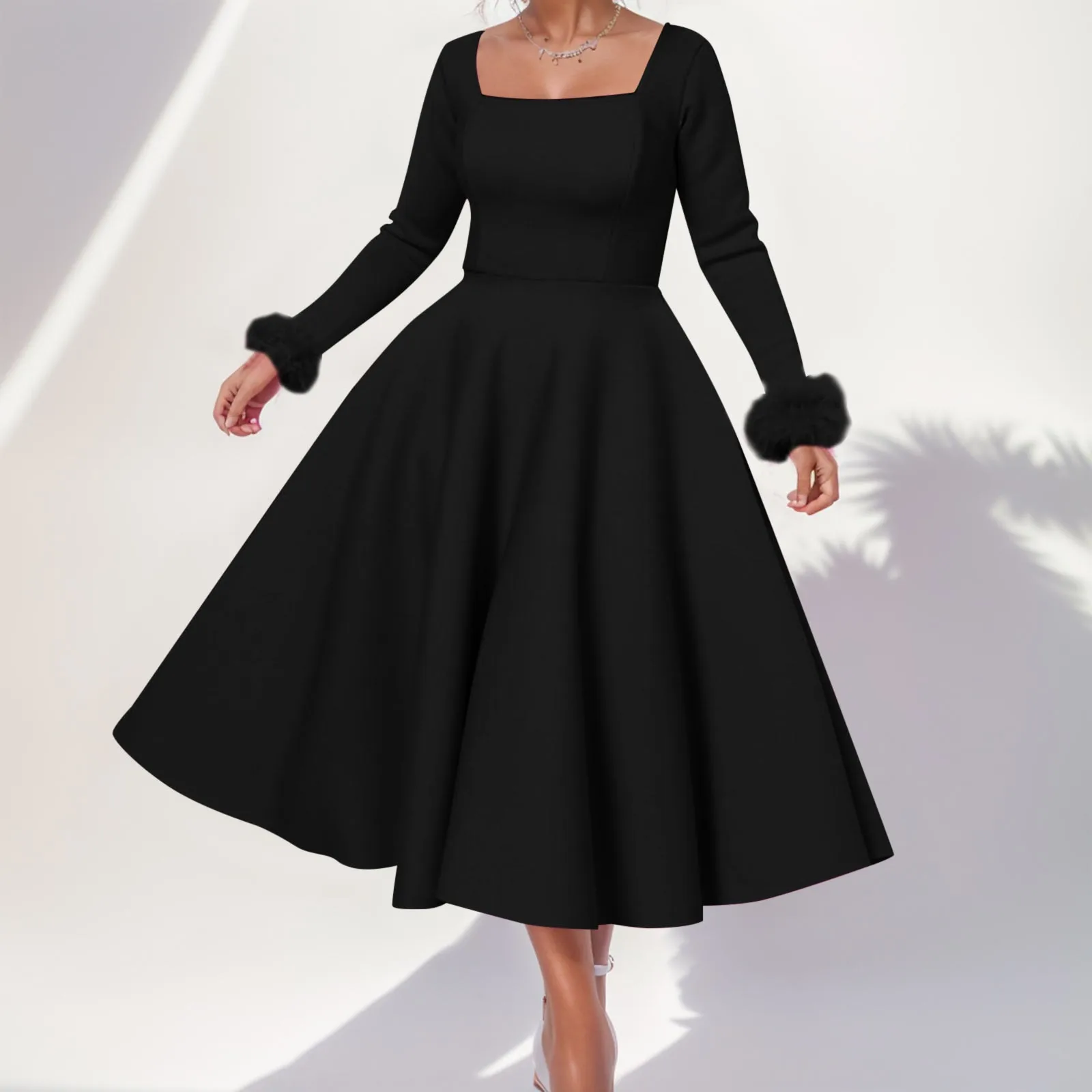 

Black Dresses For Women Solid Long Sleeve Square Neck Flush Trim Plus Size Dresses For Curvy Women Formal Dresses For Women 2024