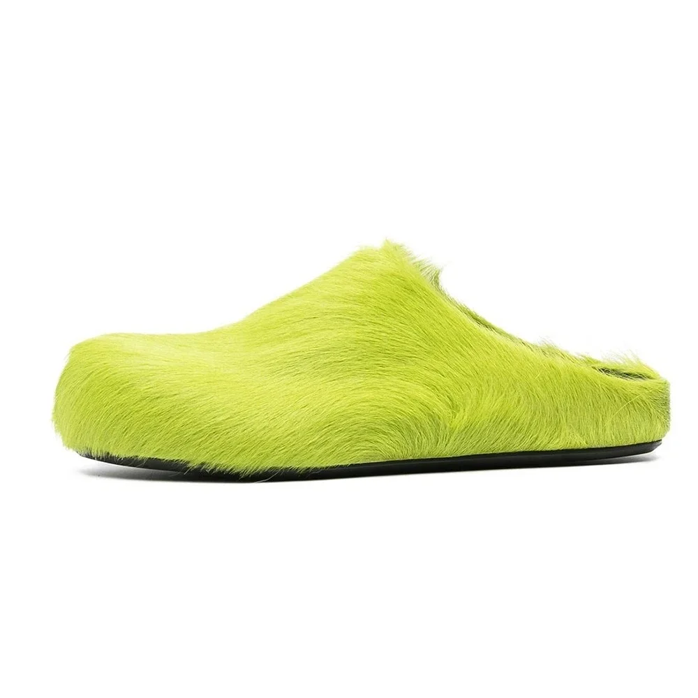 Echt Lederen Bont Slippers Vrouw Luxe Platte Effen Kleur Paardenhaar Ronde Neus Bedekte Neus Schoenen Vrouw Designer Merk Casual Schoenen