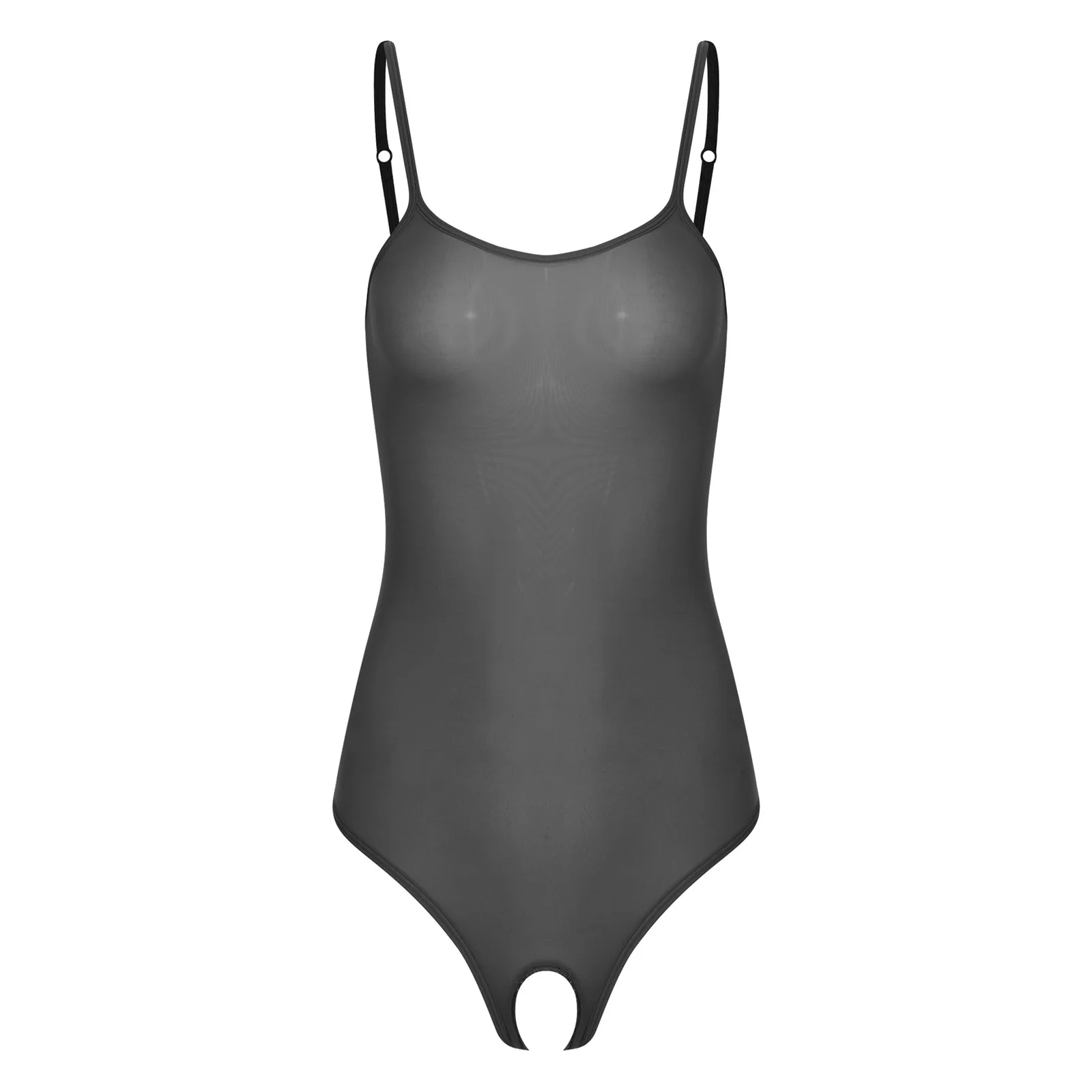 

Women Lingerie Silky Sheer Bodysuit Adjustable Shoulder Strap Hollow Out Crotch Leotard Jumpsuit for Dating Night Private Pool