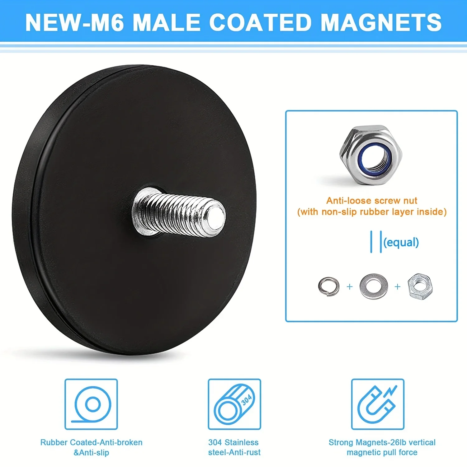 10 ímãs revestidos de borracha, com pinos roscados M6, ímã de montagem forte ímã preto ímã de terras raras, usado para barra de luz