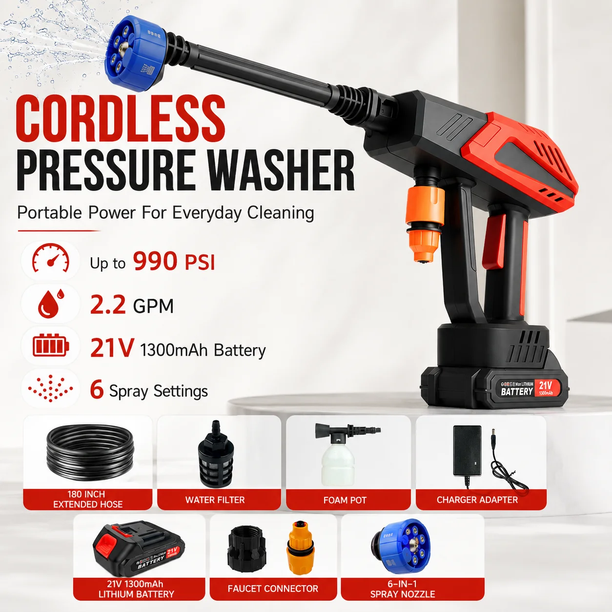6-in-1 Cordless Electric High-Pressure Water Gun – Car Wash & Cleaning Tool with Home Irrigation Spray Set; Includes Lithium Battery, Extension Wand, and Multifunctional Nozzle; Suitable for Outdoor Use, Car Washing, and Garden/Lawn Irrigation.