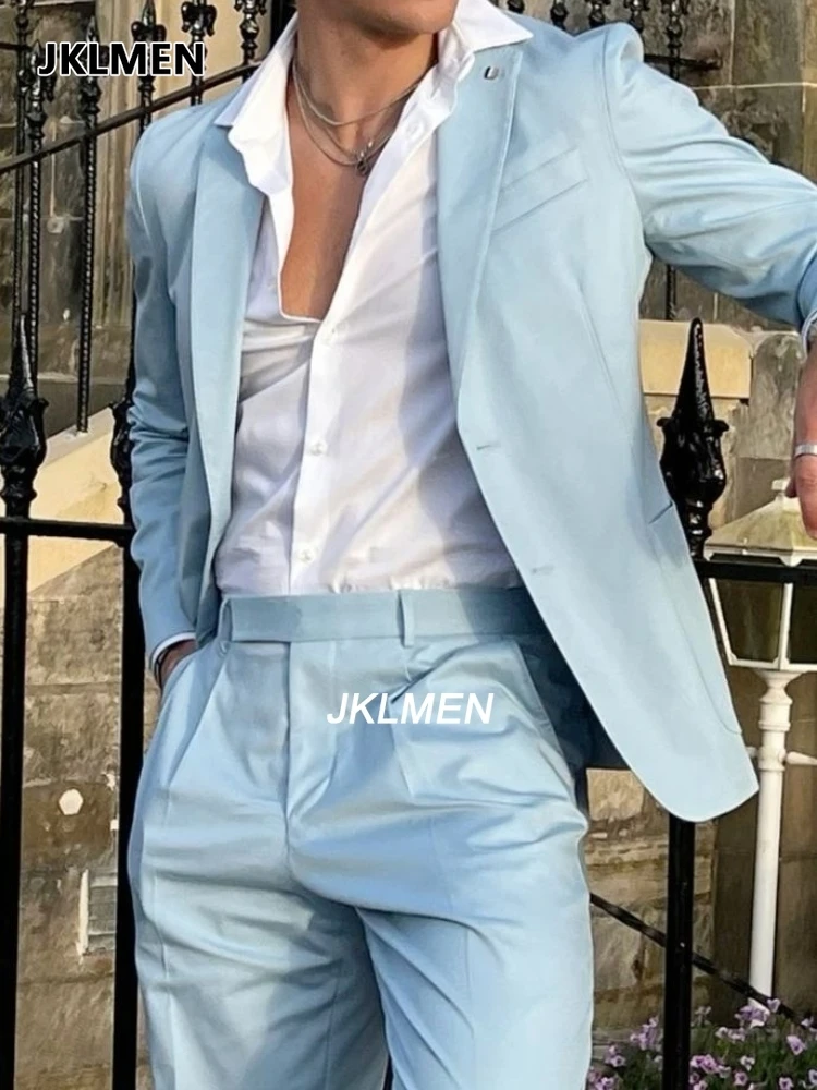 Sky Blue Summer Men Suits Latest Designs Groom Tuxedos 2 Pieces (Jacket+Pants) Wedding Prom Dinner Party Man Suit Blazer