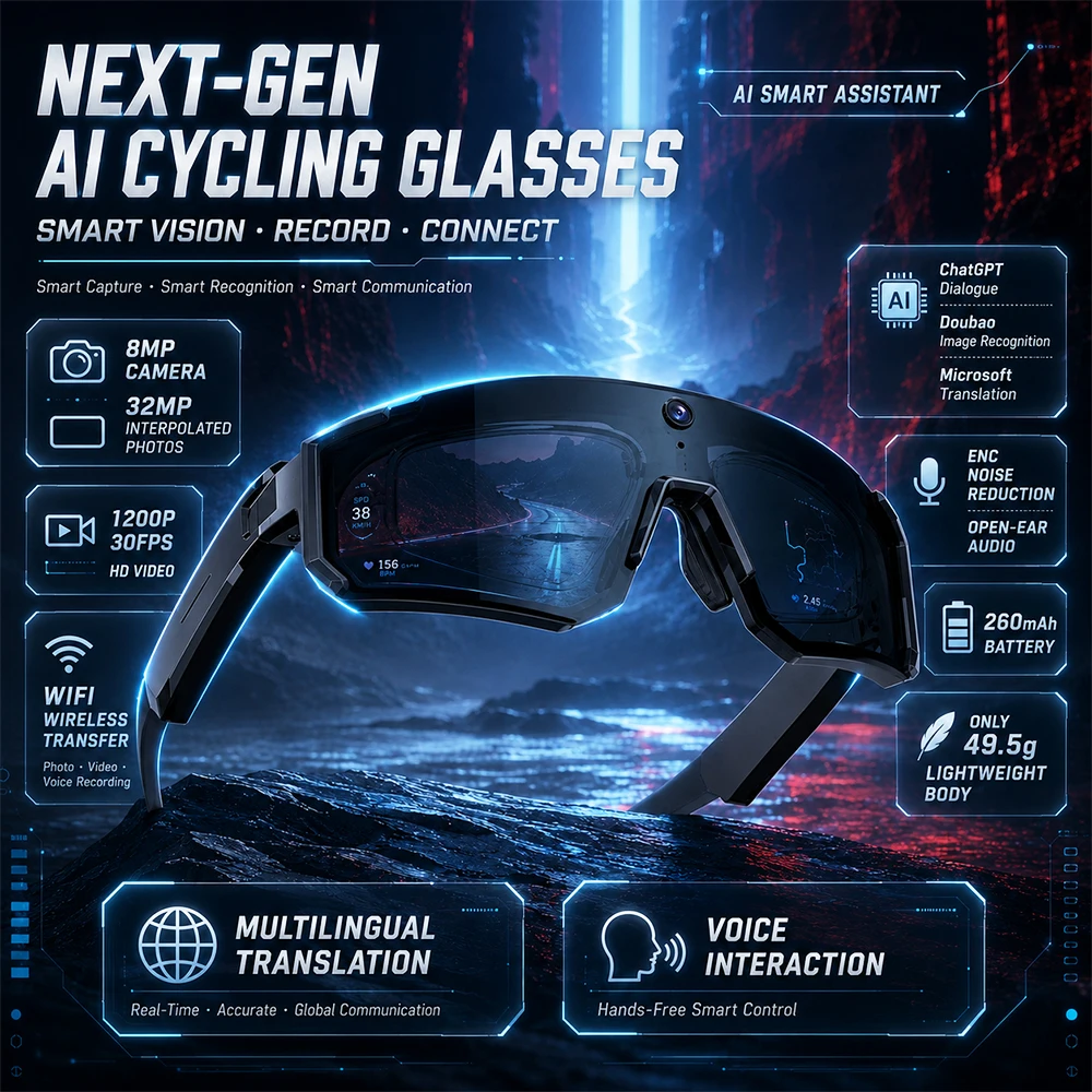 2026 Sport Camera Sunglasses HD 1200P Video Recording Glasses Sports Wearable Glasses AI Voice Interaction Sports Camera Glasses