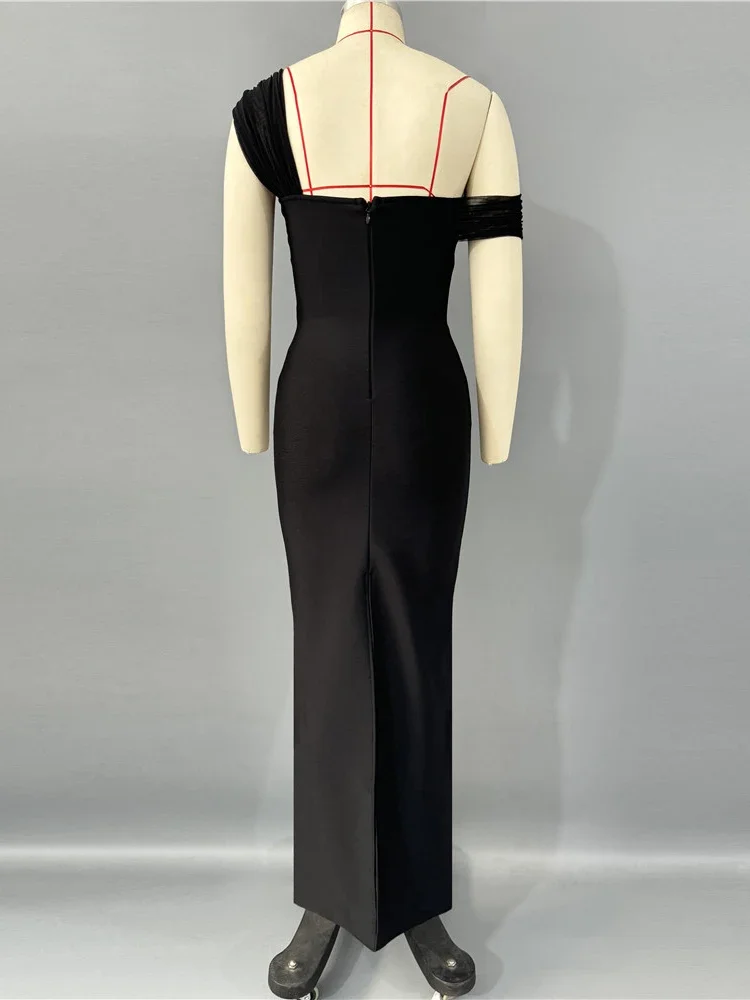 เซ็กซี่หนึ่งไหล่เพชร Sequined Maxi ผ้าพันคอผู้หญิงสีดําตาข่าย Patchwork Bodycon คนดังชุดราตรียาว Party Dresses