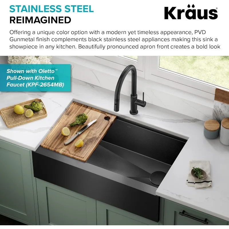 KRAUS Kore Workstation 33-inch Farmhouse Apron Front 16 Gauge Black Stainless Steel Single Bowl Kitchen Sink