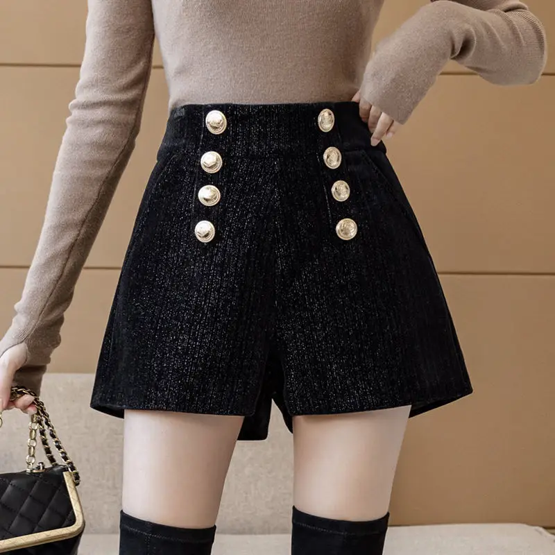 

Women Autumn and Winter New Chenille High Waist Shorts Fashionable and Sweet Pocket Elastic Double Breasted Short Wide Leg Pants