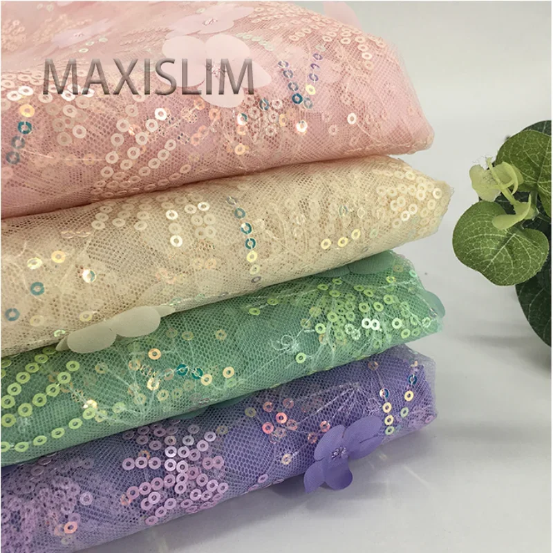 

24 Color Fireworks Three-dimensional Laser 3MM Sequin Embroidery Fabric Plant Floral Lace Sequin Fabric For Party Wedding Dress