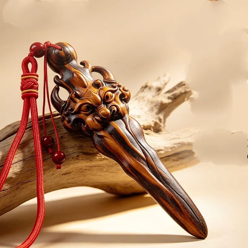 Lightning Strike Peach Wood Pi Xiu Sword Figurine Hand Carved Wooden Statue Car Hanging Home Feng Shui Decor Ornament