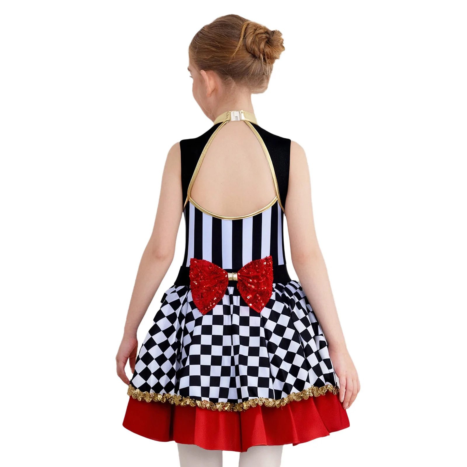 Kids Girls Wonderland Queen Costume Halloween Carnival Theme Party Circus Ringmaster Dress Up Shiny Sequins Striped Plaid Dress