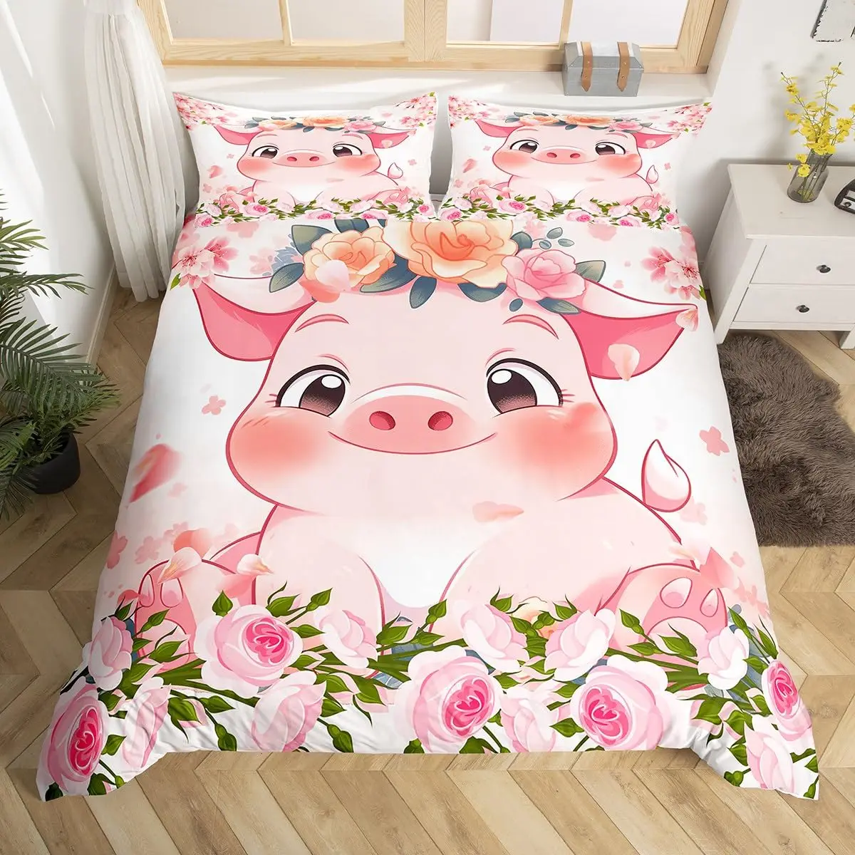 Pig Duvet Cover King Twin Lovely Cartoon Piggy Comforter Cover,Girls Pink Bedding Set Kawaii Farm Animal Microfiber Quilt Cover