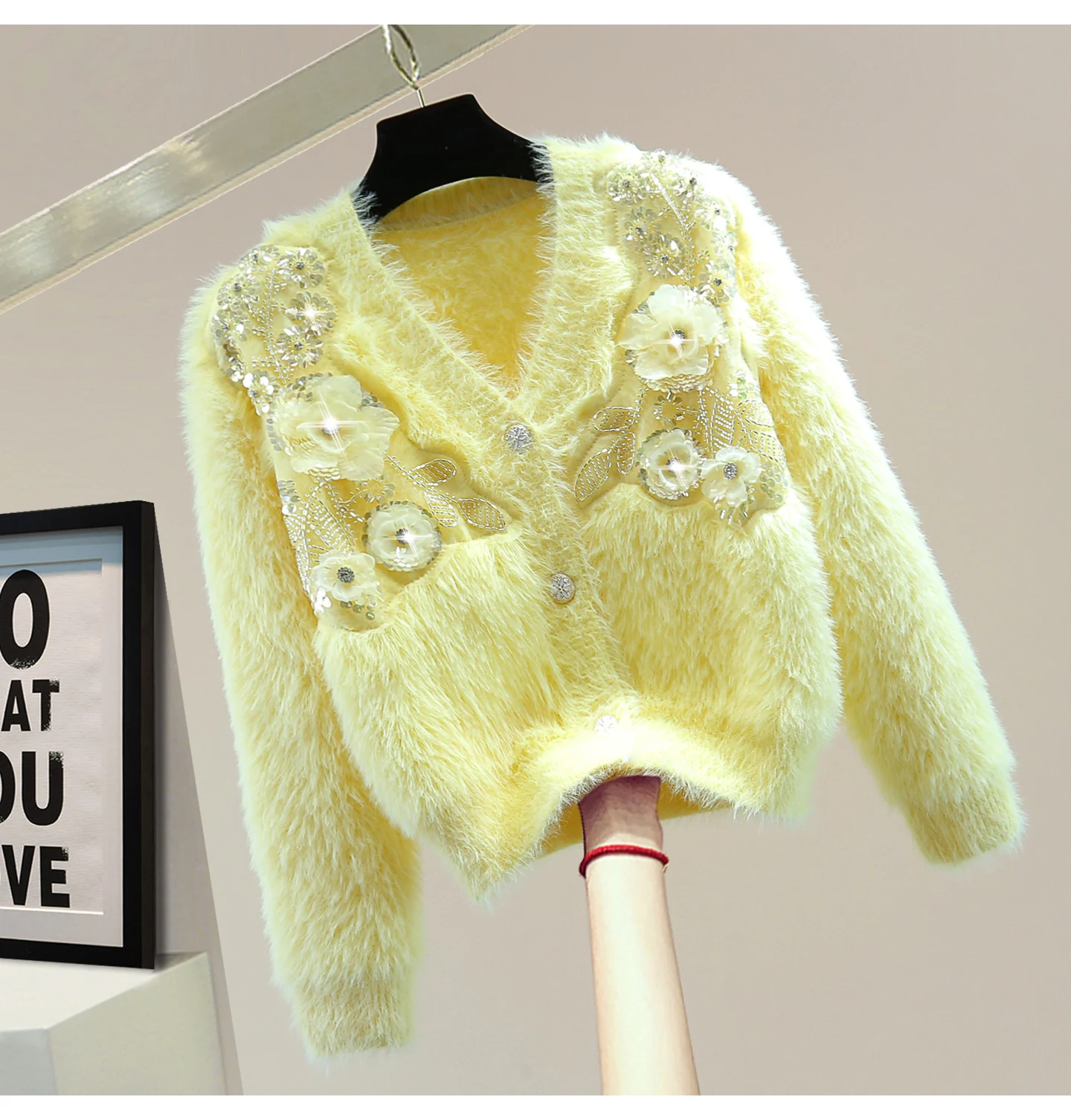 

Yellow Cardigan,Diamond Beaded Sequin Mohair V-Neck Sweater Top, 2025 Fall Winter Heavy Craft Flower High-Waisted Short Sweater