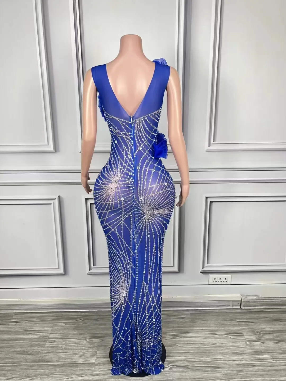 Women Sparkly Rhinestones Dress Sexy Stage Mesh Sleeveless See Through Celebrate Evening Prom Birthday  Photoshoot Dress