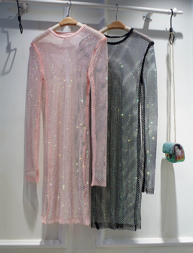 Inig Diamond – robe de soirée mi-longue pour femmes, transparente, ajourée, polyvalente, tendance, T-shirt en diamant, pour les déplacements