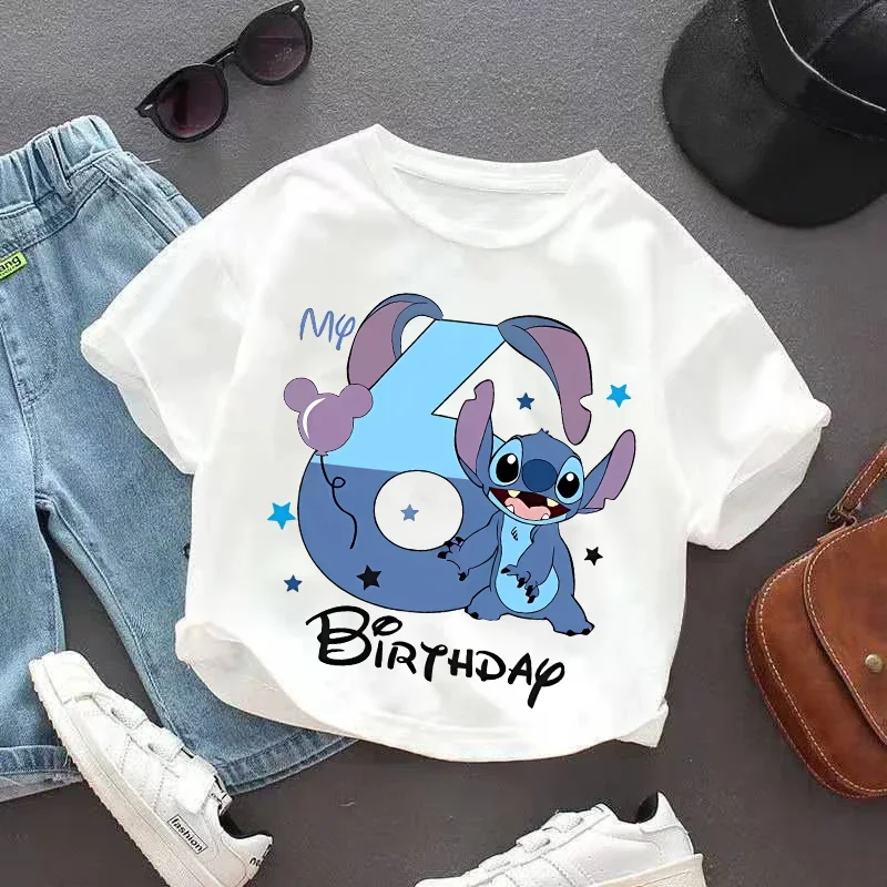

Fashion Girl Clothes Gift Lilo Stitch T-shirt 1-9 Birthday Digit Kids Baby TeesChildren's Clothing Boy Tops Cartoon Short Sleeve