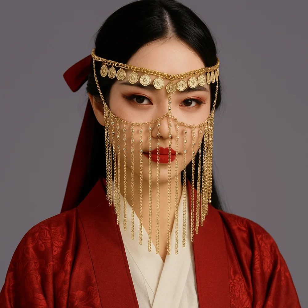 Fashion Coin Bell Belly Dance Face Veil Gold Rhinestone Curtain Head Chain Cosplay Headband Ethnic Style Masquerade Mask Women