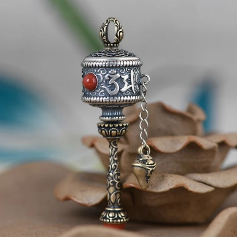 Blessing Om Mani Padme Hum Prayer Wheel Pendant Male Sweater Chain Retro Six Character Great Bright Mantra Amulet Necklace Men