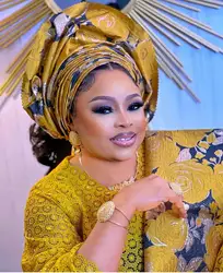 Luxury Shiny African 3D Embroiered Swiss Gele Ipele Sego Headtie 2Pcs/bag Nigerian Traditional Wedding ASO EBI HZ4-925-4