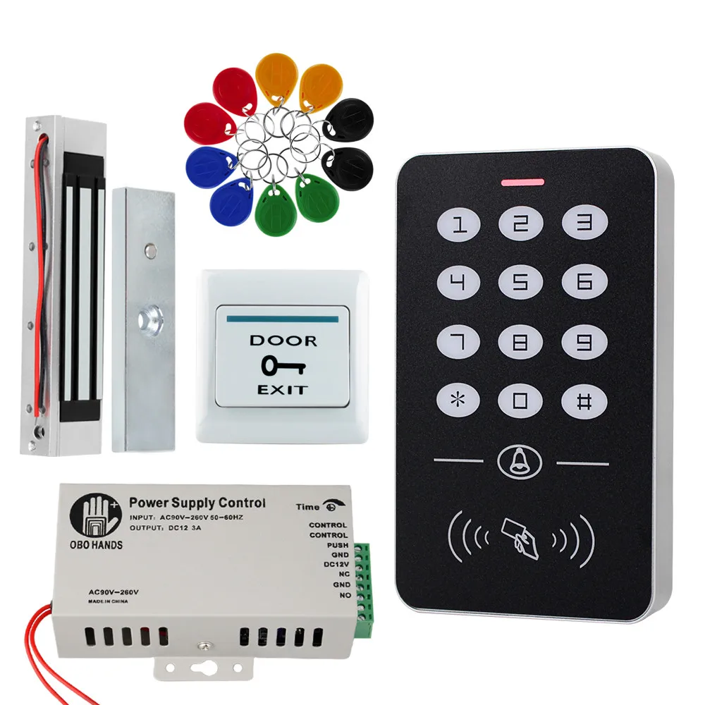 RFID Access Control System Kit Frame Glass Door Set+Electric 180KG Magnetic Lock+10 Keytab+Power Supply+Exit Button-A1