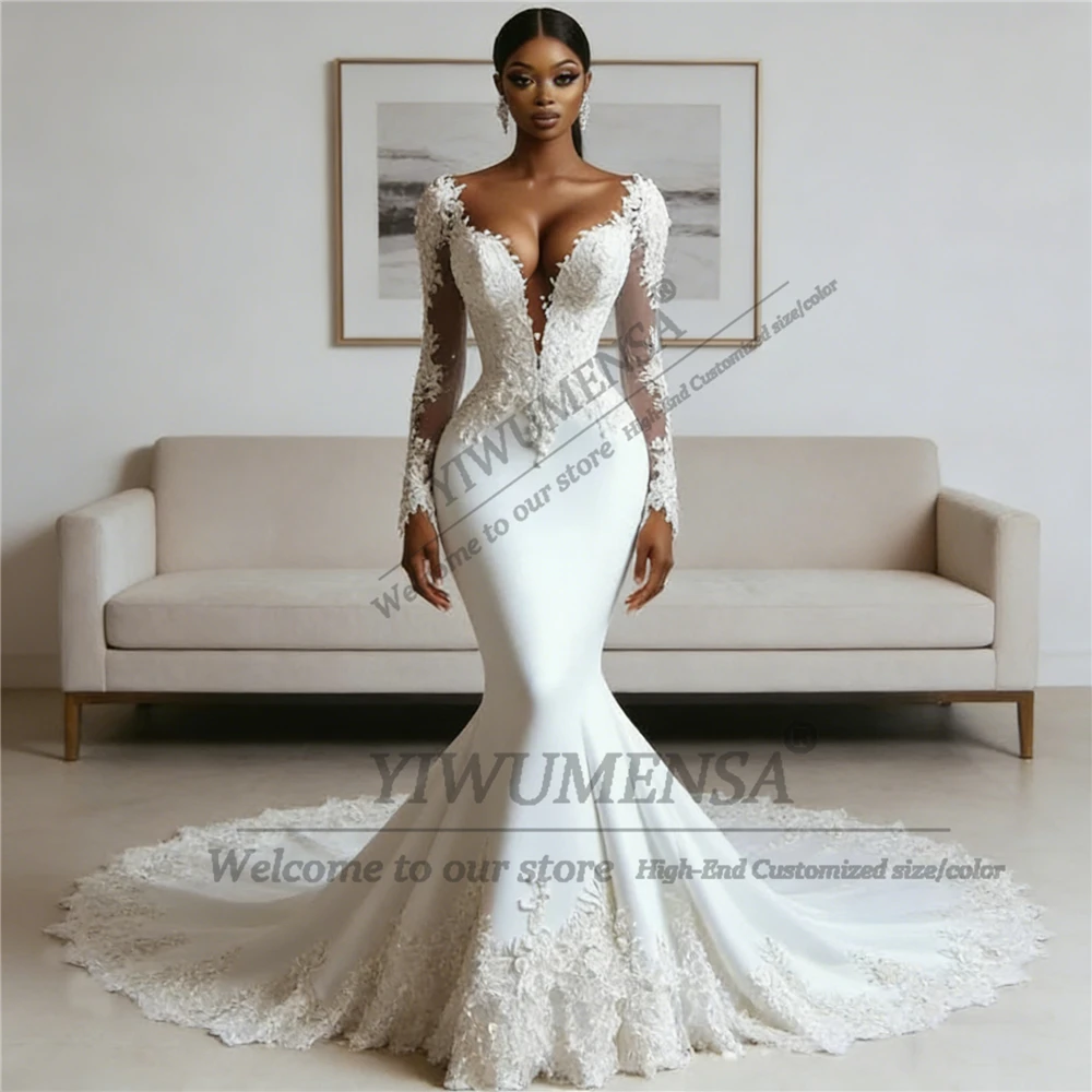 独占的なソフトサテンマーメイドウェディングドレス花嫁のための V ネック長袖背中の開いたブライダルガウンカスタマイズされたローブデマリー 2026