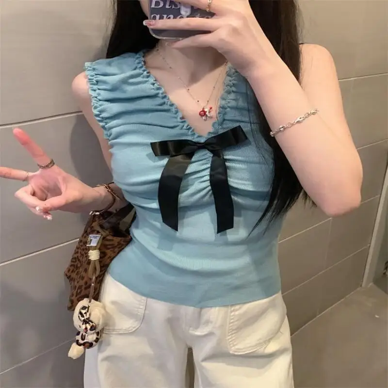 Französisch Stil Leibchen Frauen Bogen Ärmellose Blaue Weste Leibchen Süße Frühling und Sommer Oberbekleidung Hause Tragen Schlafsaal Leibchen