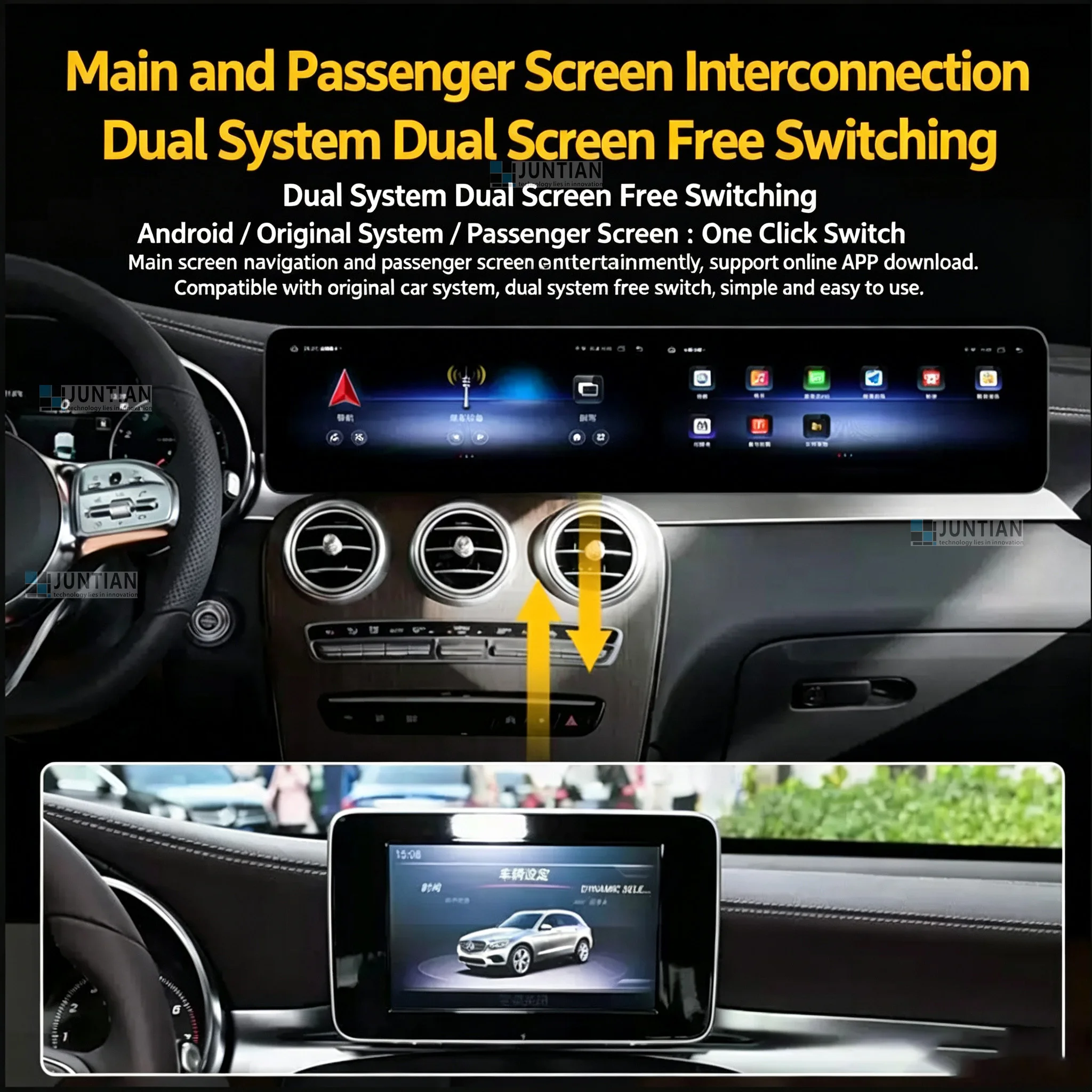 Dual screen Android 14 Qualcomm Multimedia Player For Mercedes Benz W205 GLC C260 2014-2019 Carplay Car Radio GPS Navigation